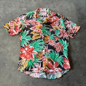 Vintage Islander Hawaiian Shirt Mens M Black Green Pink Aloha Rayon Hibiscus